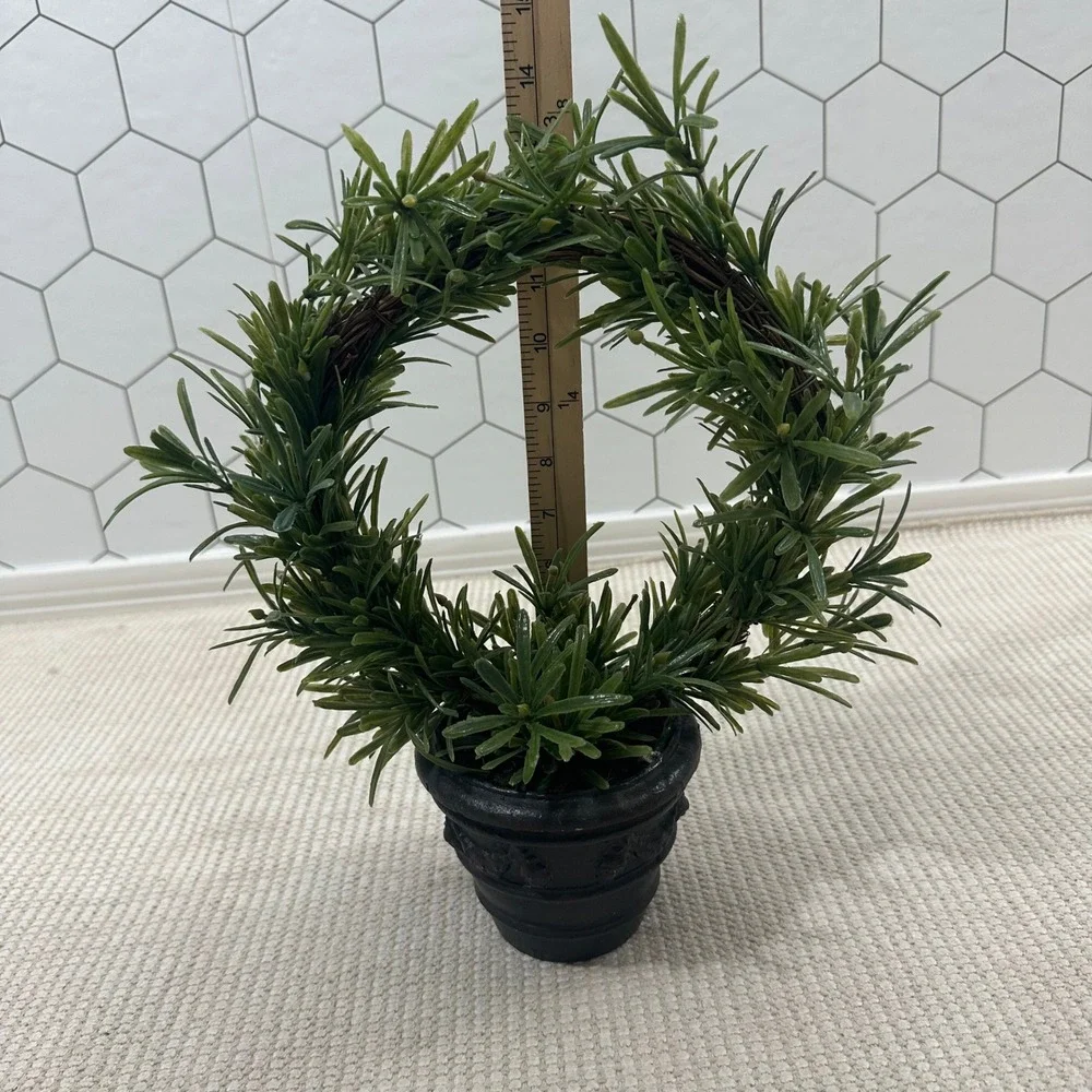 Artificial Rosemary Topiary Wreath in Black Decorative Pot Faux Greenery 13.5in